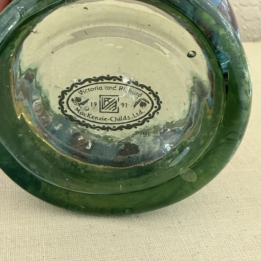 Vtg 80s 90s Mackenzie Childs Glass Cups Circus Purple Stripe Marble Octagon
